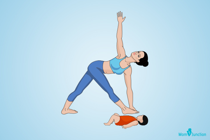 Trikonasana or Triangle yoga pose for mom and baby