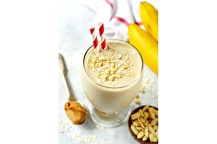 Banana and peanut butter milkshake, high protein snack for kids