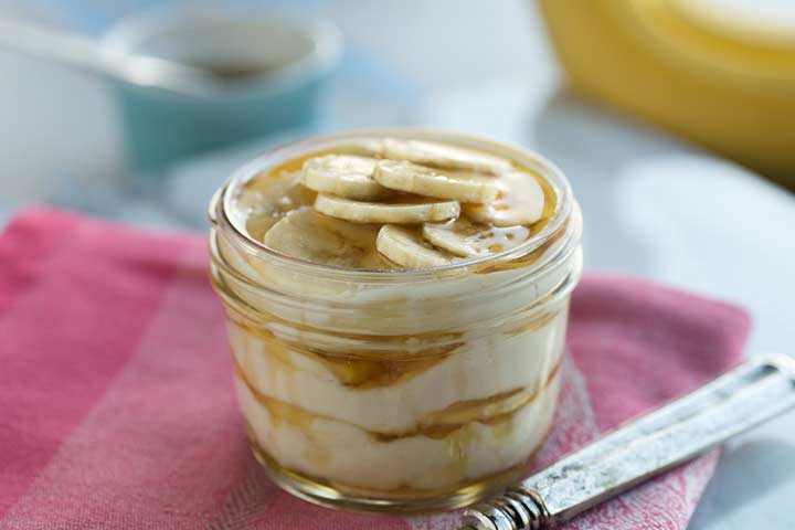 Peanut butter banana yogurt parfait, high protein snack for kids