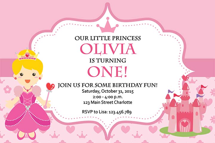 Princess themed 1st birthday invitation wordings