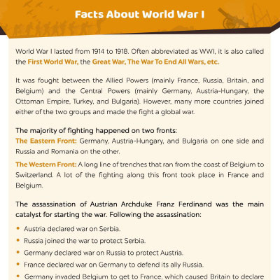 World War 1 Worksheets: Facts About World War I