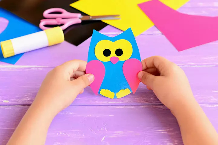 Multicolored owl, newspaper crafts for kids