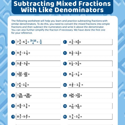 Fractions Worksheet Subtract Mixed Fractions Having  Like Denominator