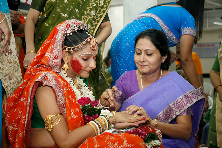 Expectant mothers generally dress up in traditional wear for the function