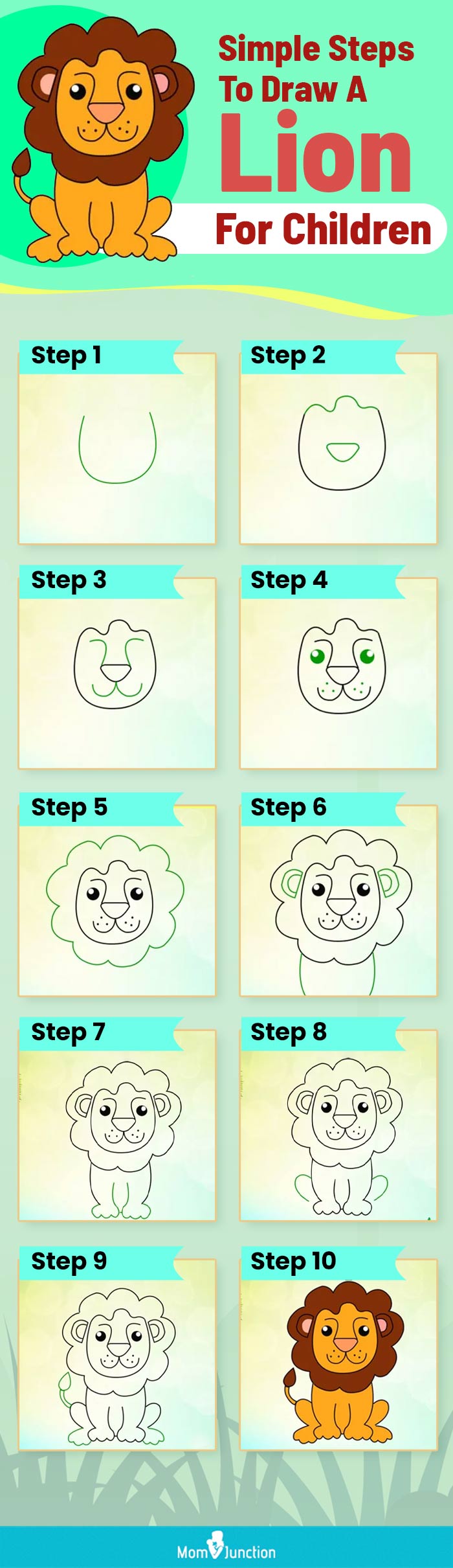 simple steps to draw a lion for children (infographic)