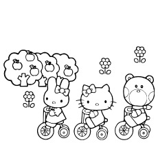 凯蒂猫和朋友骑车涂色页